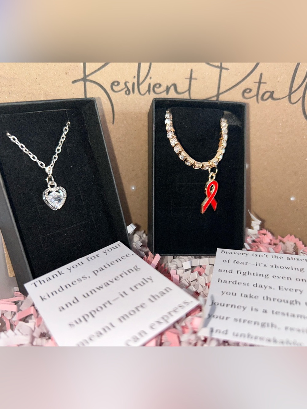 Silver heart necklace with Red Awareness Ribbon bracelet